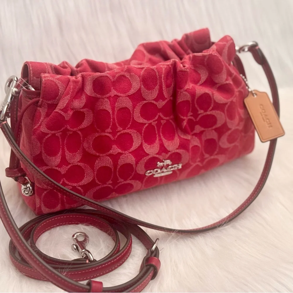 NWT Coach Faye Shoulder Bag In Signature Denim CDB93 denim in Silver/True Red - Picture 3 of 16